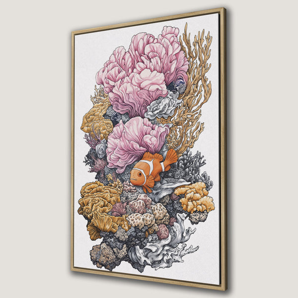 Framed Wall Art: Whimsical coral reef illustration in pink, orange, and muted tones. Perfect for coastal decor. Canvas Print adds a touch of the ocean to your home.