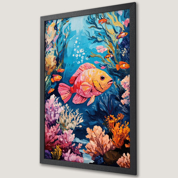 Framed Poster of a vibrant underwater scene with a large fish, in an impressionistic style with a blue, orange, and pink color palette.