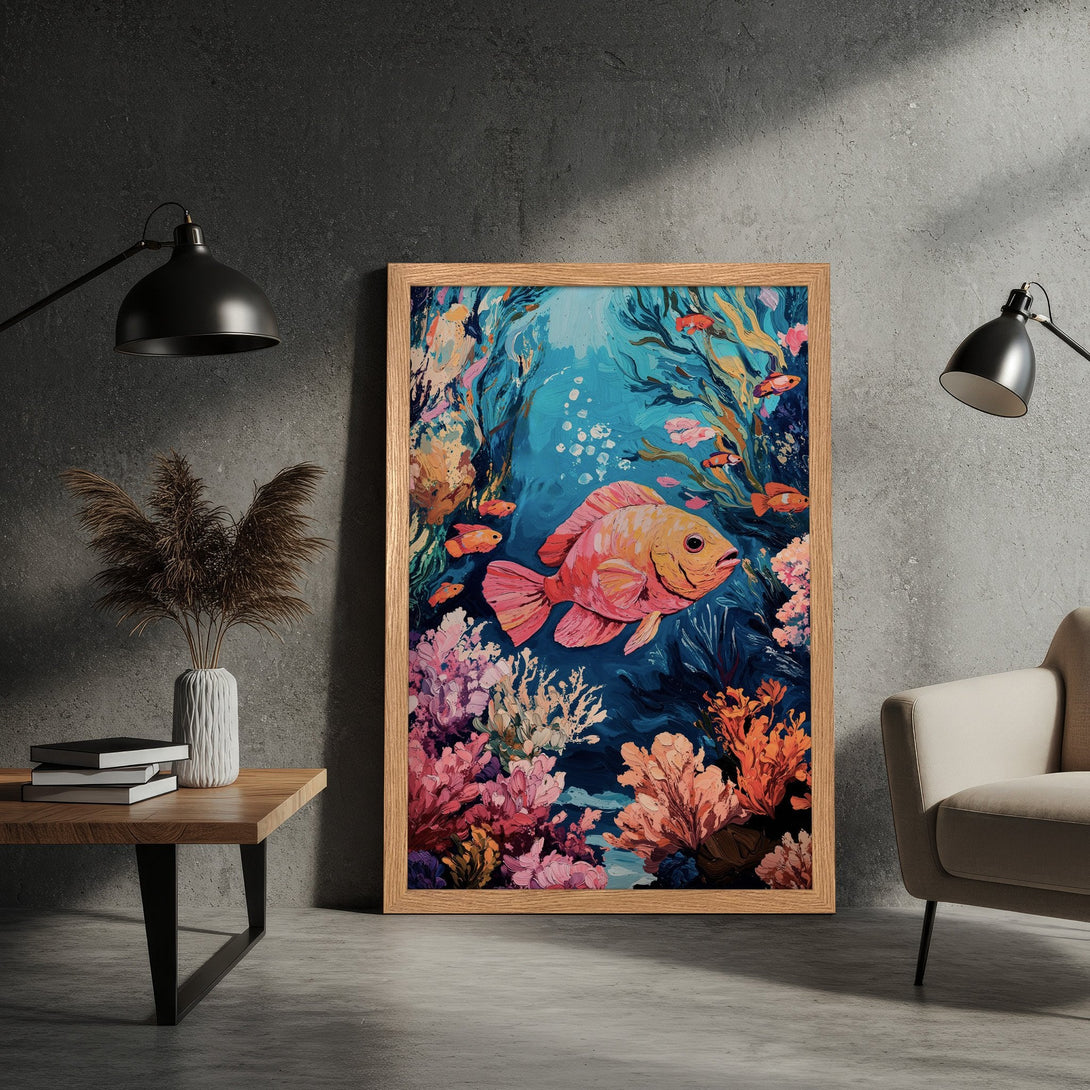 Framed Poster featuring an underwater scene with fish, coral, and a vibrant blue, pink, and orange color palette. Perfect wall art!