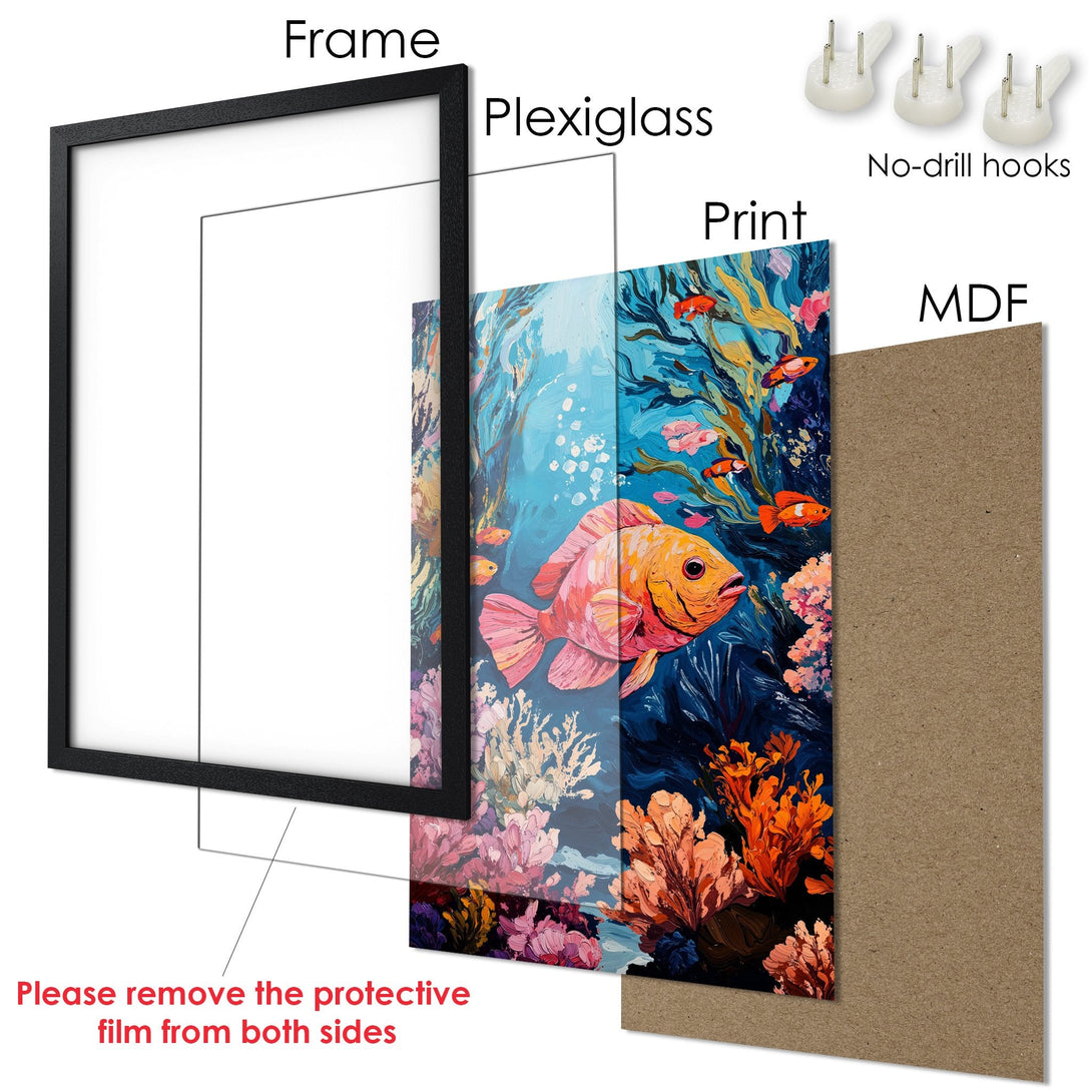 Framed Poster featuring a vibrant underwater scene with fish and coral. Bold, painterly style with a blue, orange, and pink color palette. Perfect wall art!