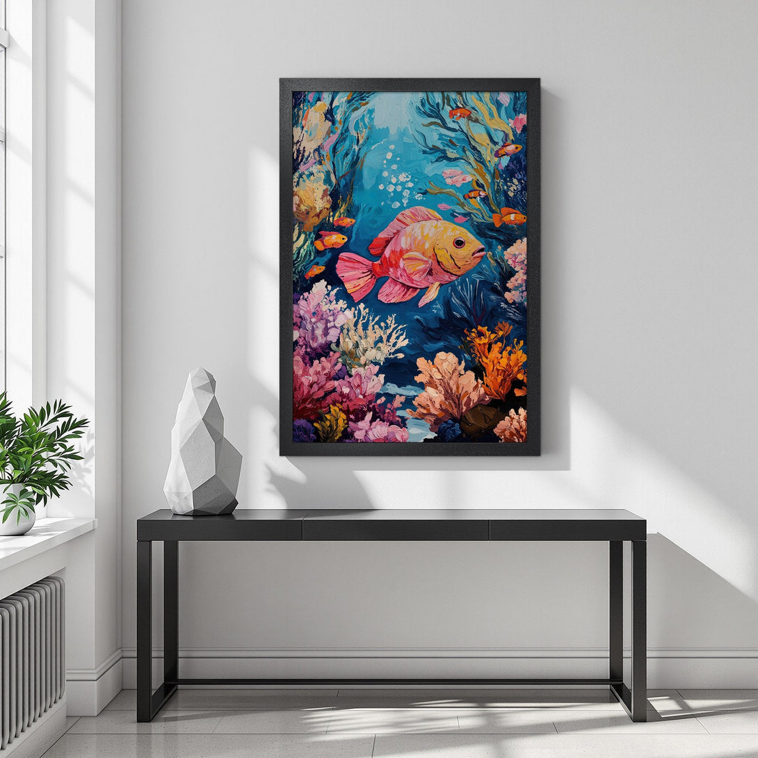 Framed Poster featuring a vibrant underwater scene with a fish in a bright, colorful palette of blues, oranges, and pinks. Perfect wall art!