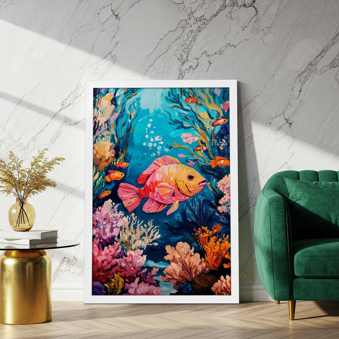 Framed Poster featuring a vibrant, impressionistic underwater scene with a colorful fish. Beautiful blue, pink, and orange palette.