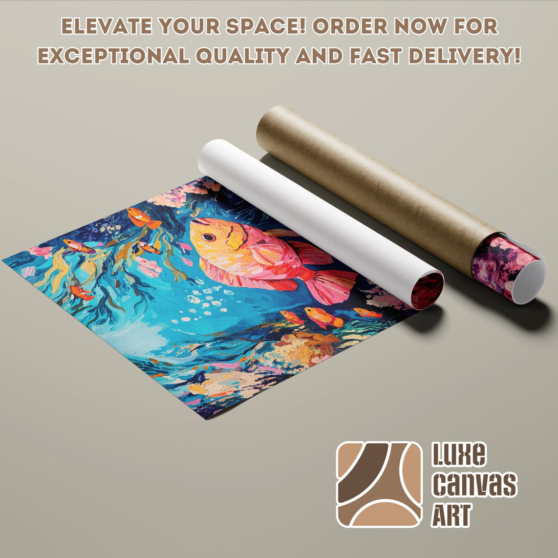 Poster Roll featuring vibrant fish artwork in blue, orange, and pink. Elevate your space with art!