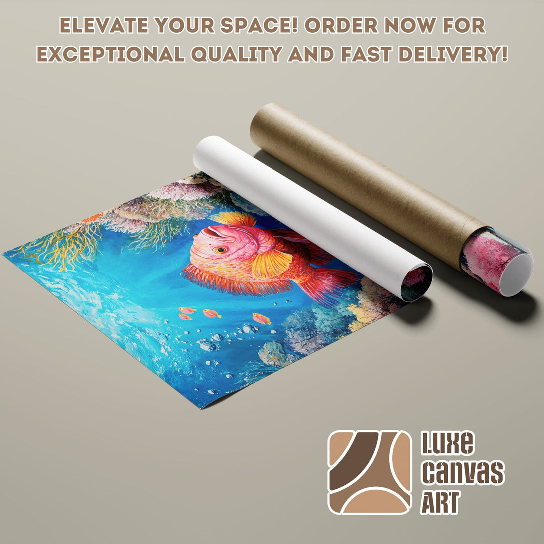 Ocean-themed Poster Roll featuring a vibrant fish painting with blue, orange, and yellow hues. Elevate your space!