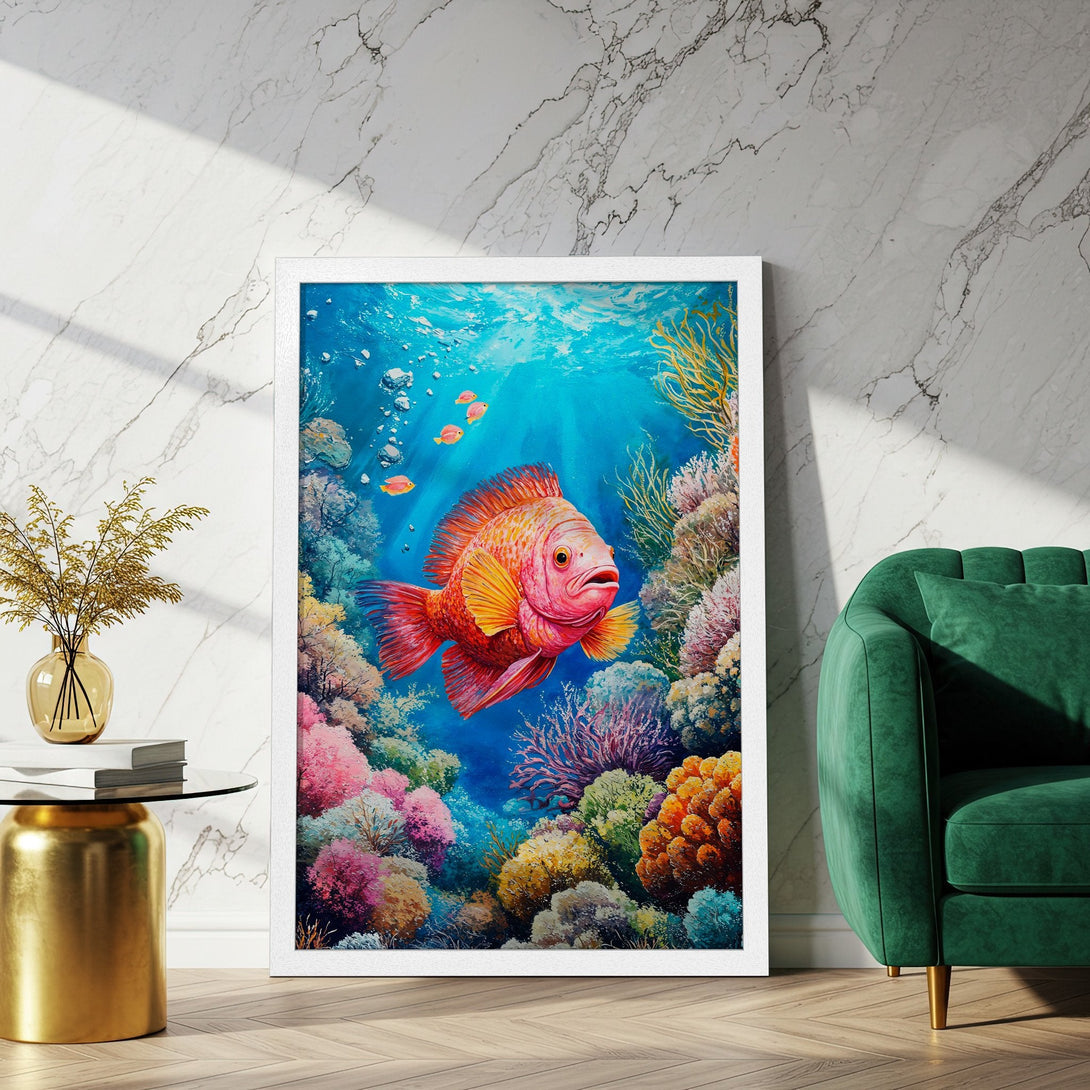 Framed Poster featuring a vibrant underwater scene with a red fish, colorful coral, and a blue palette. Perfect wall art!