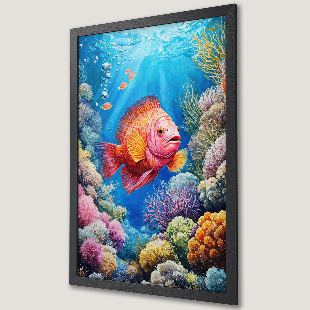 Framed Poster of a vibrant coral reef scene with a colorful fish. Artistic style, blue, orange, and pink color palette. Perfect wall art!