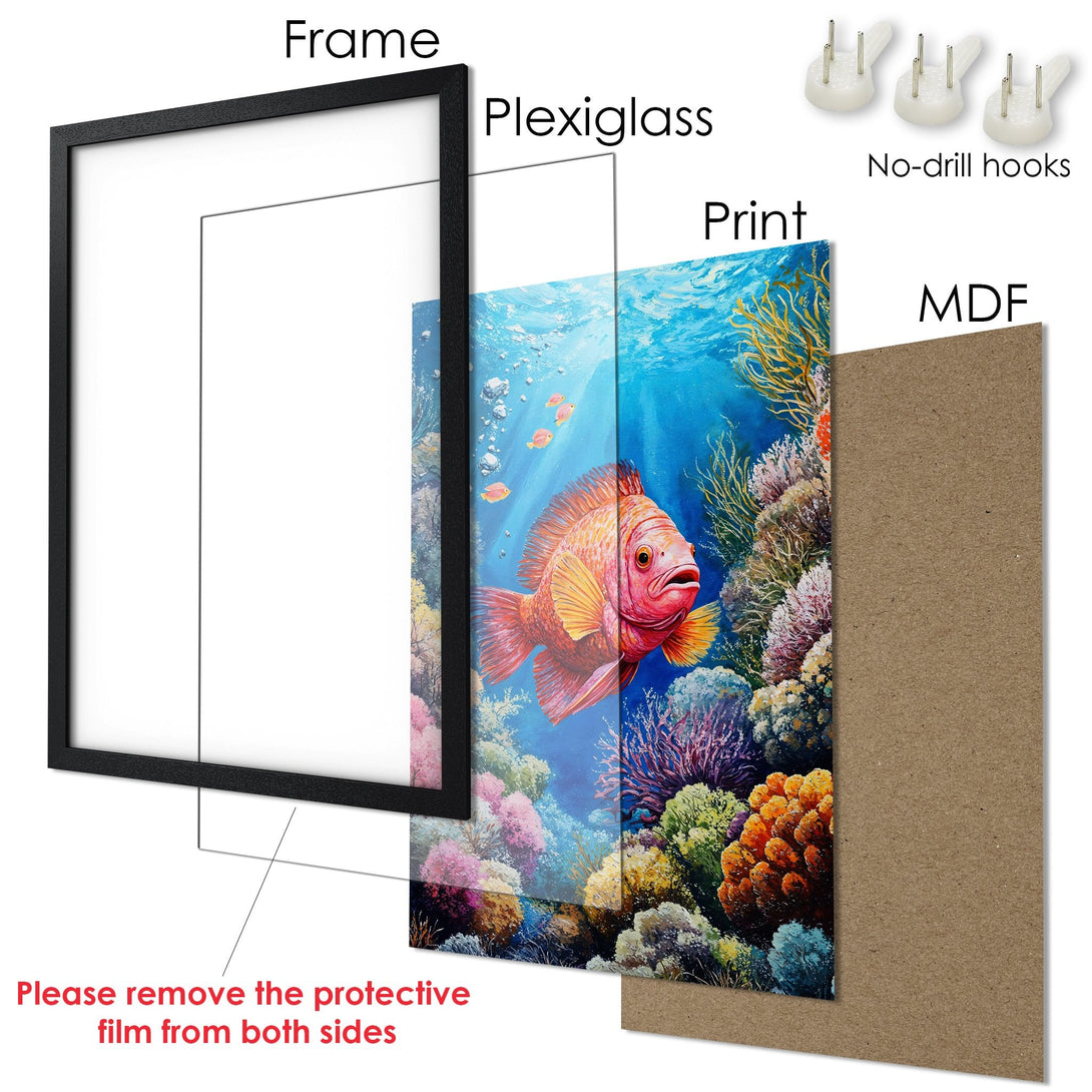 Framed Poster featuring a vibrant underwater scene with a colorful fish. Artistic style, blue and coral color palette. Ready to hang!