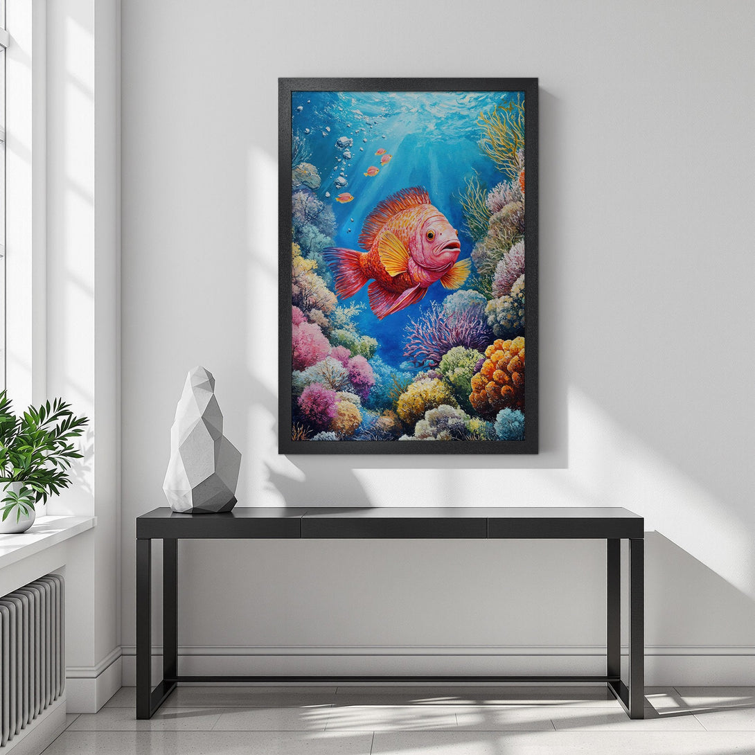 Framed Poster of a vibrant underwater scene with a red fish, coral, and blue water. Colorful art print for your home decor.