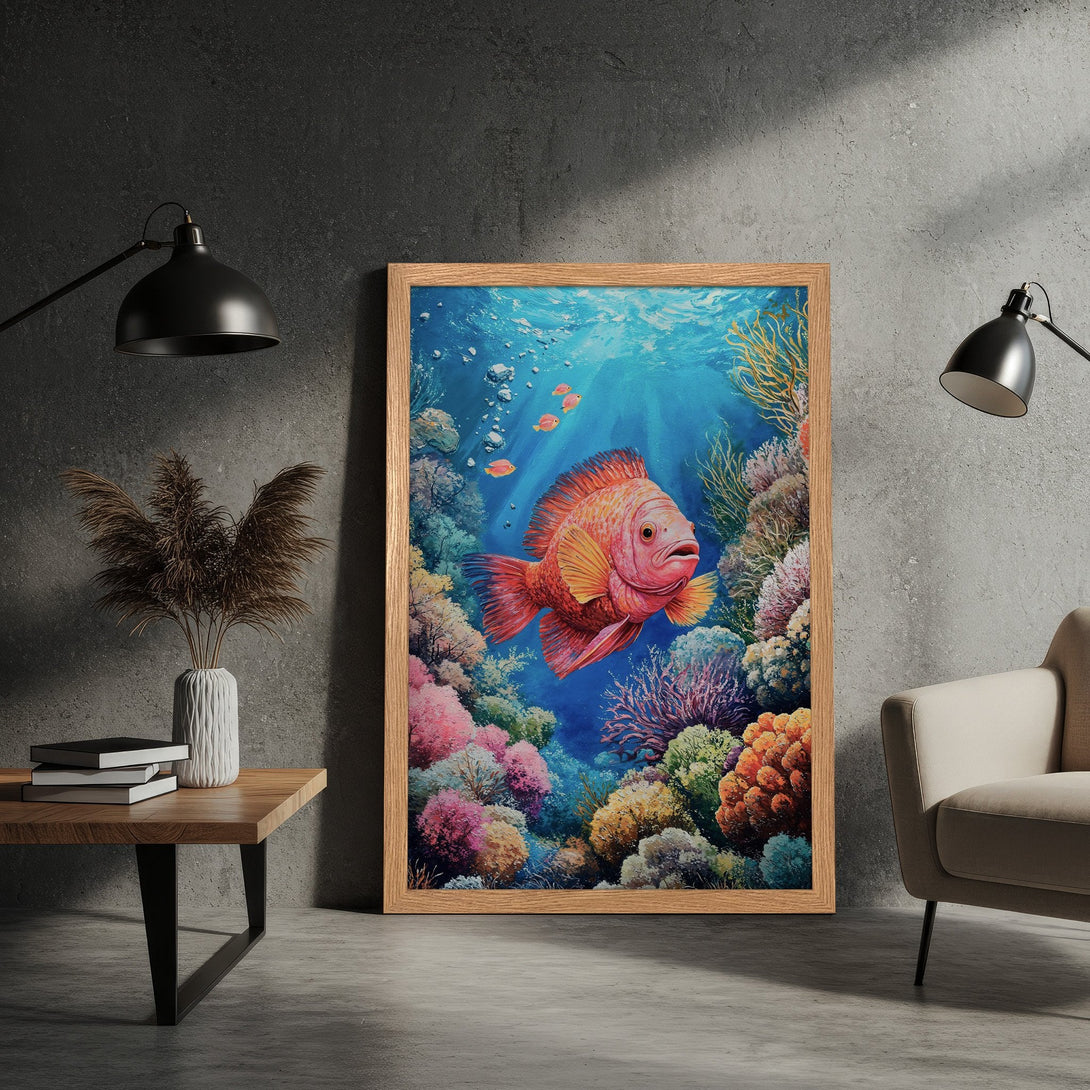Framed Poster featuring a vibrant coral reef scene with a large fish. Artistic style, colorful palette of blues, pinks, and oranges.