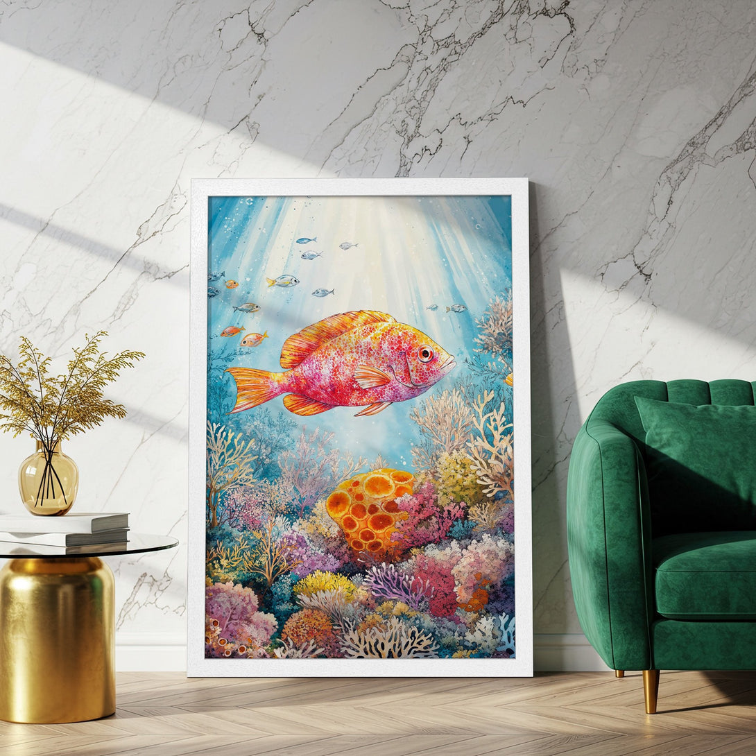 Framed Poster featuring a vibrant watercolor fish and coral reef art. Beautiful blue, orange, and pink color palette, perfect for coastal decor.