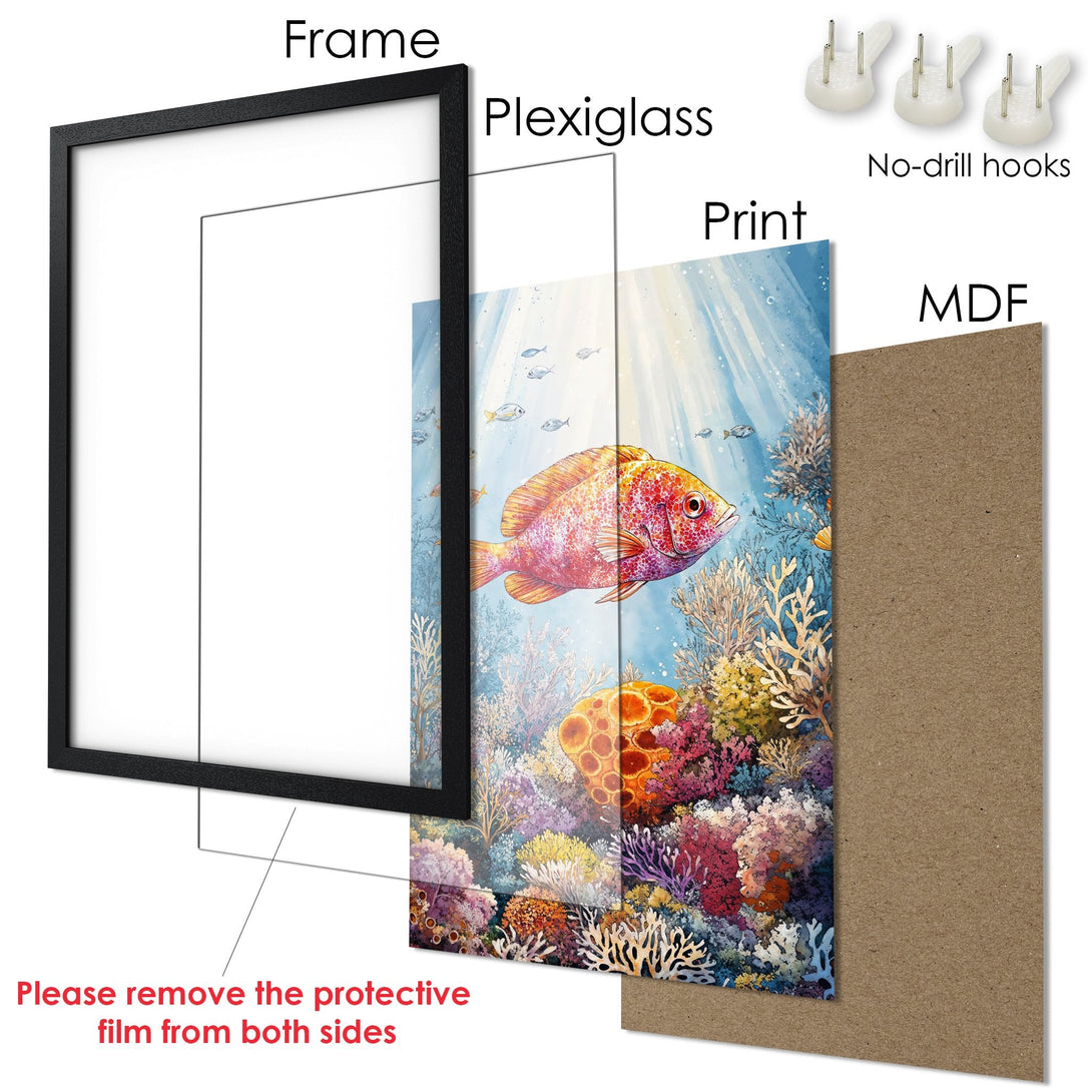 Framed Poster of a vibrant watercolor coral reef scene with a colorful fish. Beautiful artwork in a black frame, perfect for home decor.