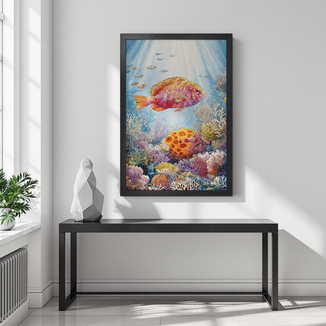 Framed Poster of vibrant fish & coral reef art. Watercolor style in blue, orange, and purple hues. Perfect ocean decor for your home.