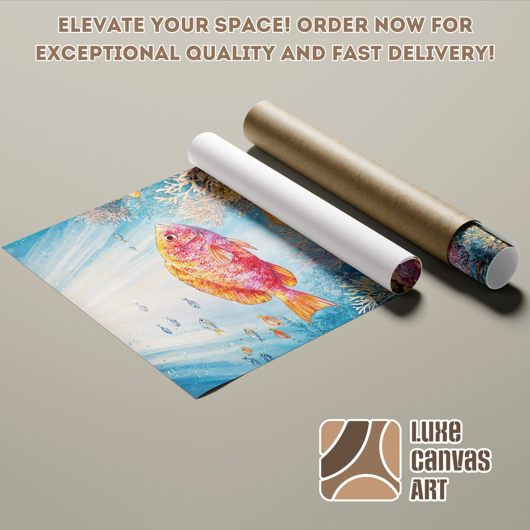 Poster Roll featuring vibrant watercolor fish art, blue and orange palette. Elevate your space!
