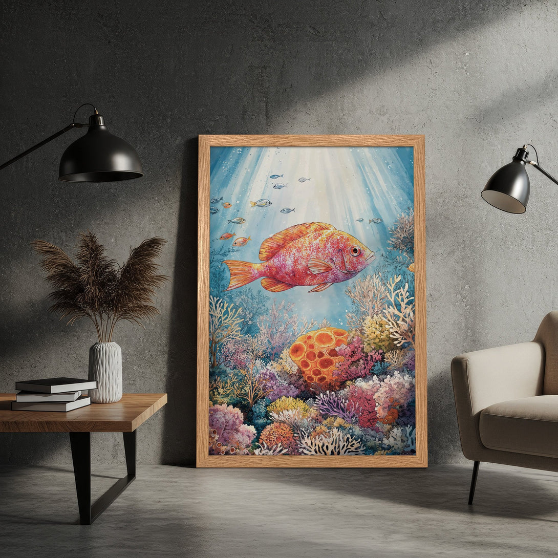Framed Poster featuring a vibrant watercolor-style coral reef scene with a red fish. Beautiful blue, orange, and purple color palette.