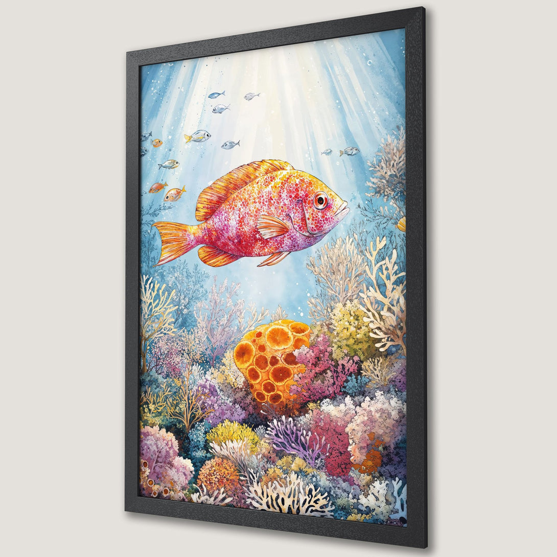 Framed Poster featuring vibrant watercolor artwork of a fish and coral reef. Beautiful blue, pink, and orange color palette. Perfect wall art!