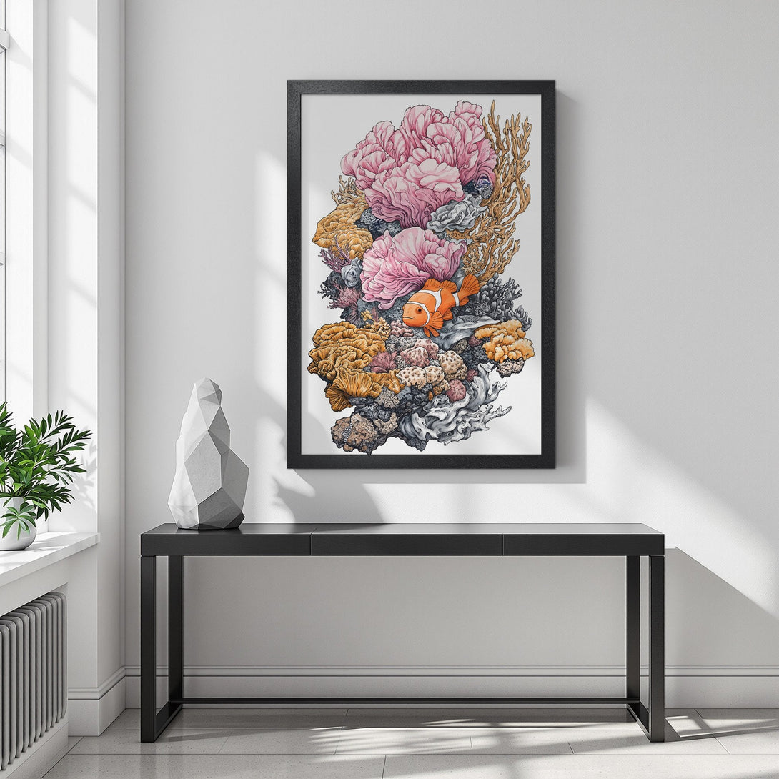 Framed Poster of coral reef art in pink, orange, and neutral tones. Perfect for coastal decor.