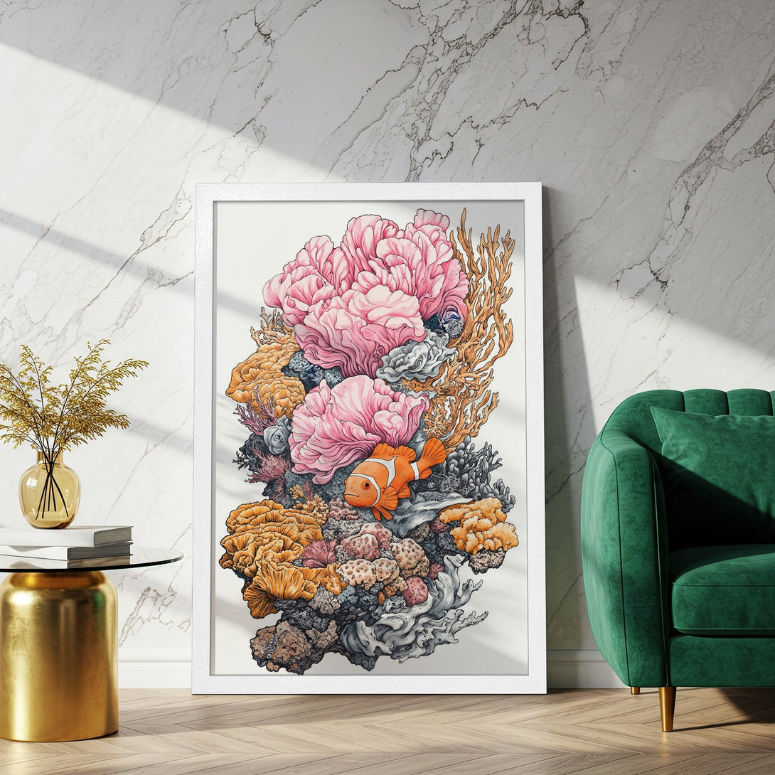 Framed Poster featuring vibrant coral reef art with pink, orange, and blue hues. Perfect wall decor for a pop of color!