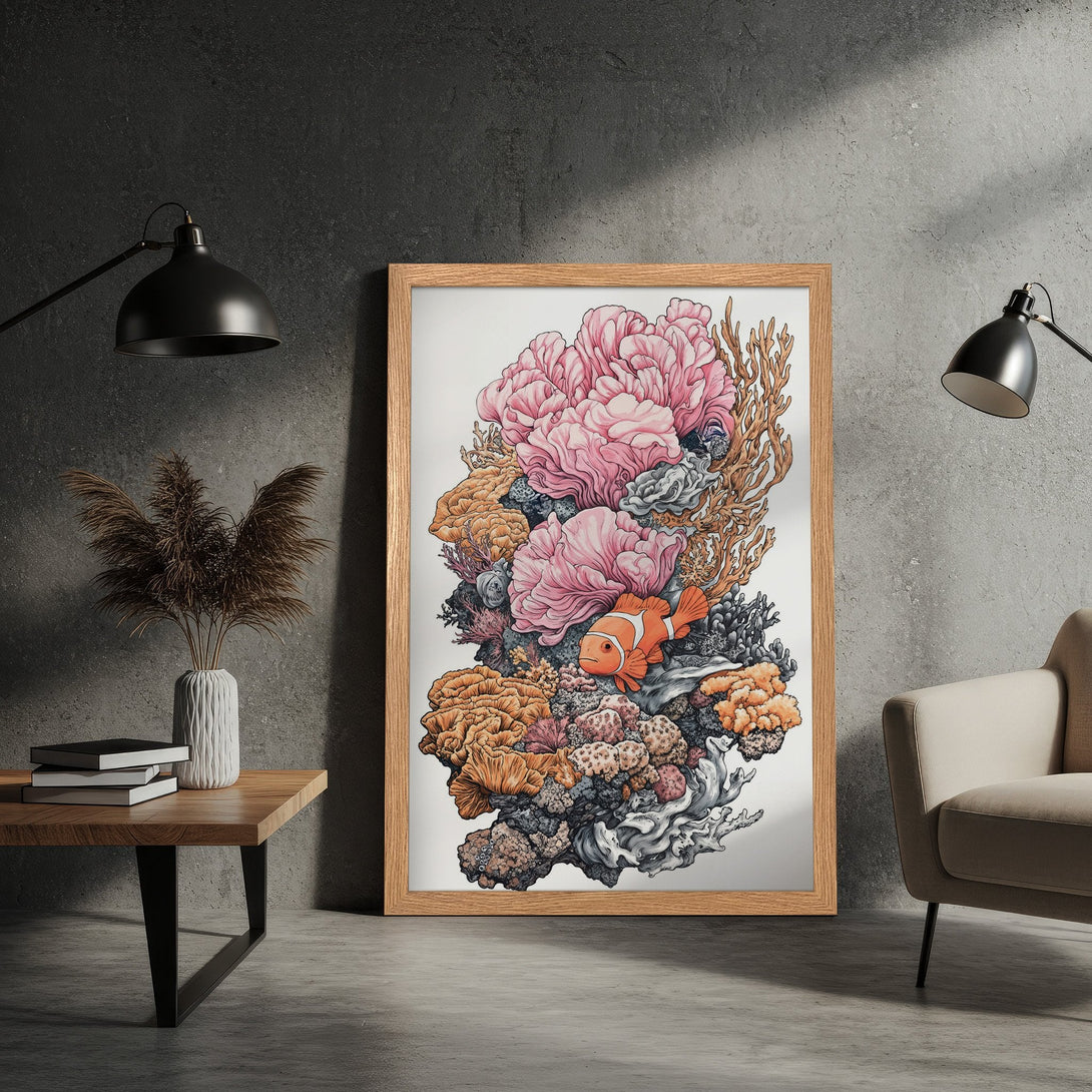Framed Poster of coral reef art with pink, orange, and blue hues. Perfect wall decor for a coastal aesthetic.