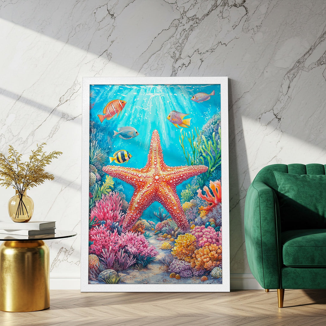 Framed Poster featuring a vibrant underwater scene with a starfish. Colorful illustration with a blue, pink, and orange palette. Add a touch of the ocean to your home!