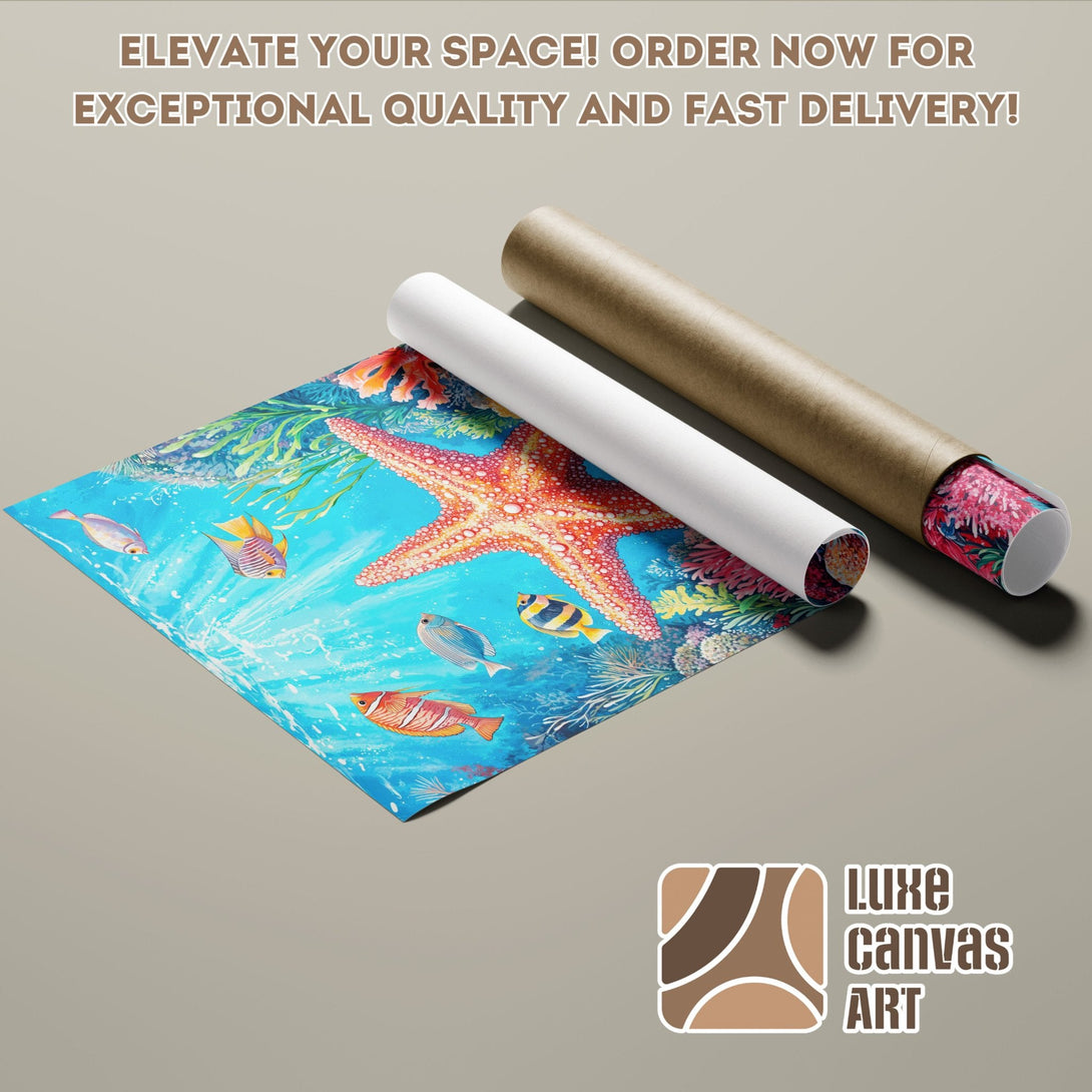 Poster Roll featuring vibrant underwater art, blue and coral tones. Order your art today!