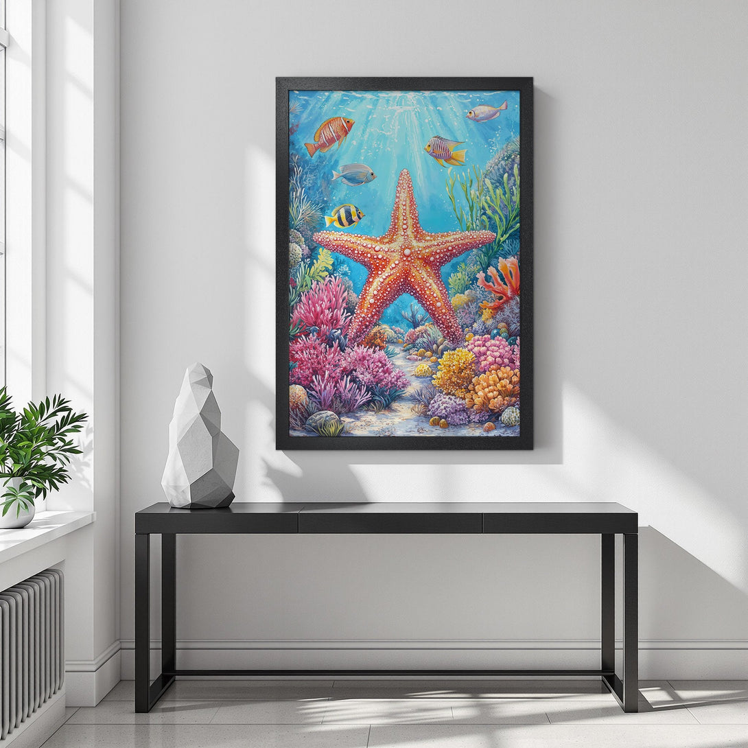 Framed Poster featuring a vibrant underwater scene with a starfish, colorful fish, and coral reef. Watercolor style, blue and warm color palette.