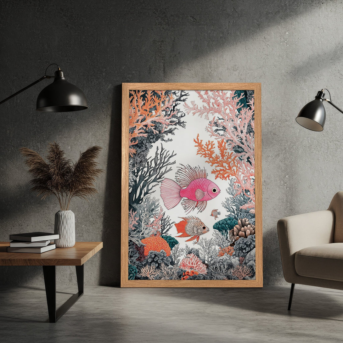 Framed Poster featuring vibrant coral reef and fish illustration. Artistic style with pink, orange, and teal color palette. Perfect wall art!