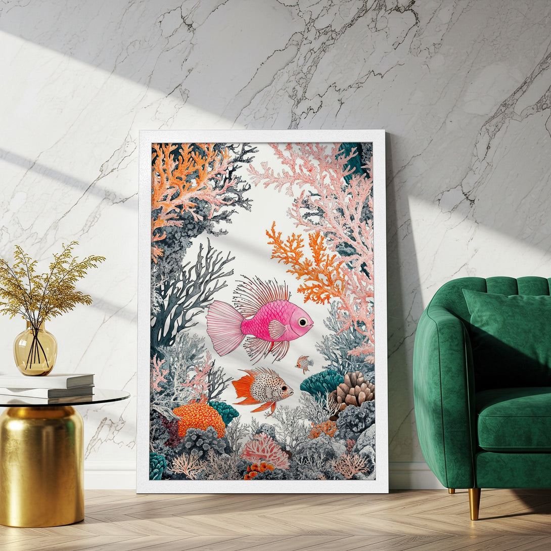 Framed Poster featuring vibrant coral reef & fish illustration. Stylish art with pink, orange, and teal accents. Perfect wall decor!