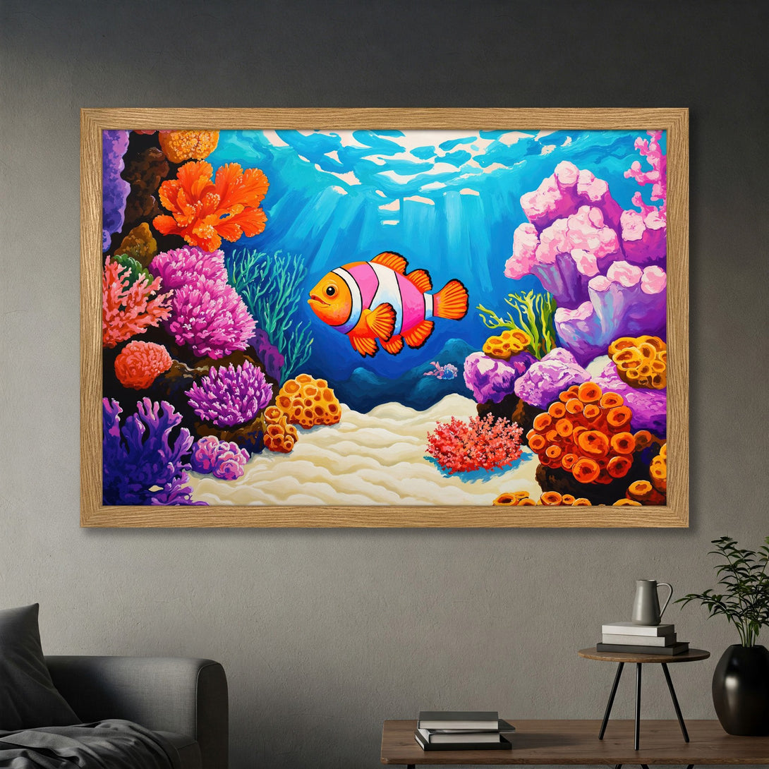 Framed Poster featuring a vibrant clownfish in a colorful coral reef scene. Artistic, bright colors. Perfect wall art!