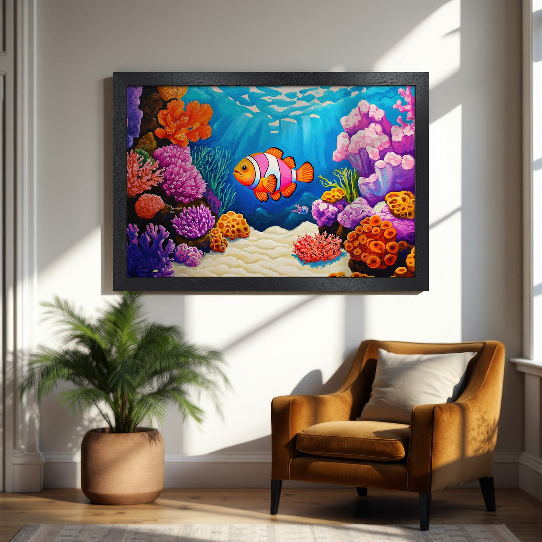 Framed Poster of a vibrant coral reef scene with a clownfish, colorful palette, and playful style. Perfect wall art!