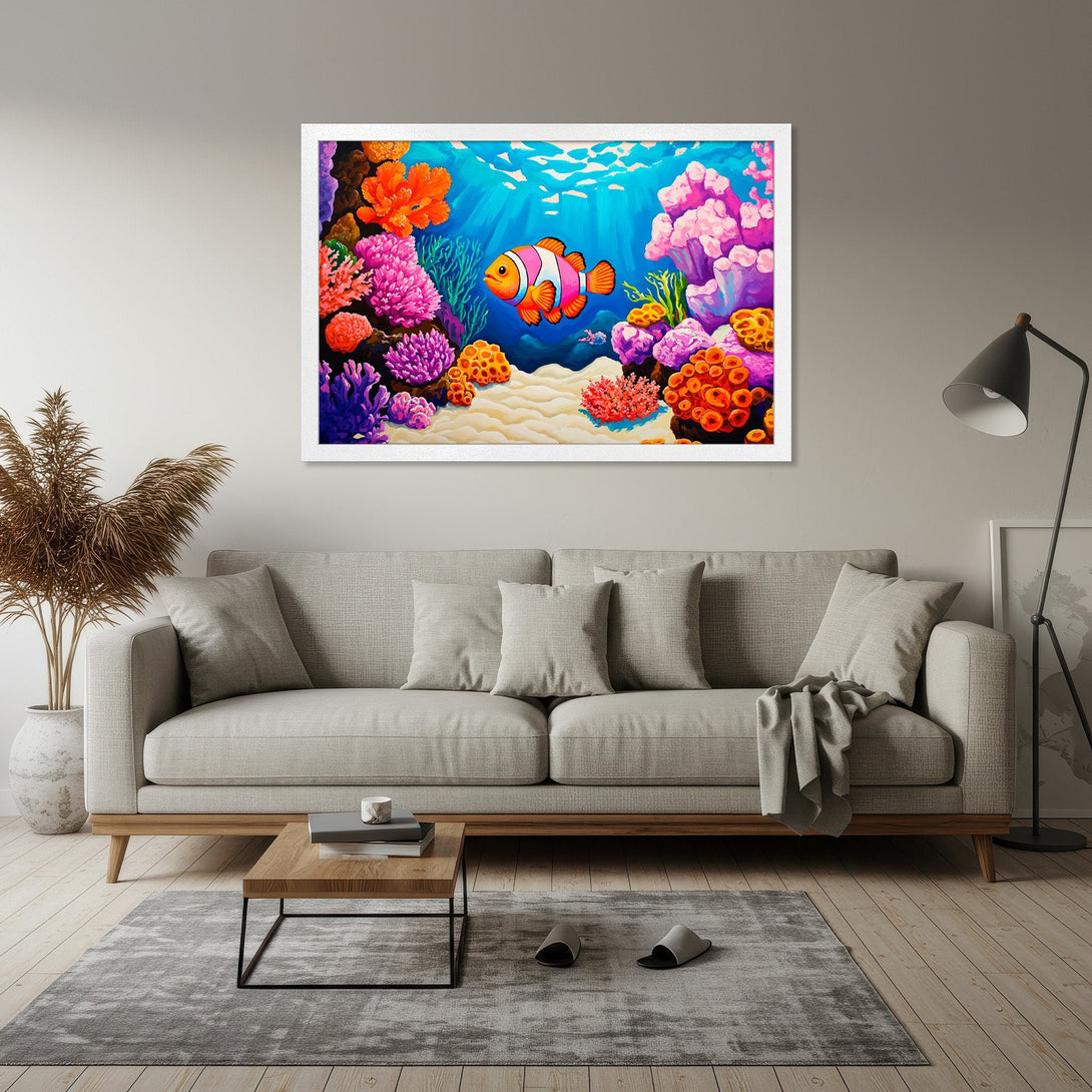 Framed Poster featuring a vibrant underwater scene with a clownfish. Bright, colorful art in a modern style. Perfect wall decor!