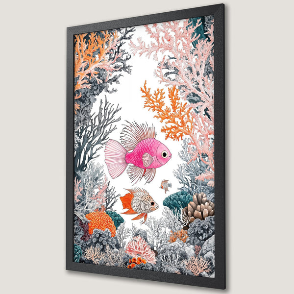 Framed Poster featuring colorful fish and coral reef art. Watercolor style with pink, orange, and teal hues. Perfect for coastal decor.
