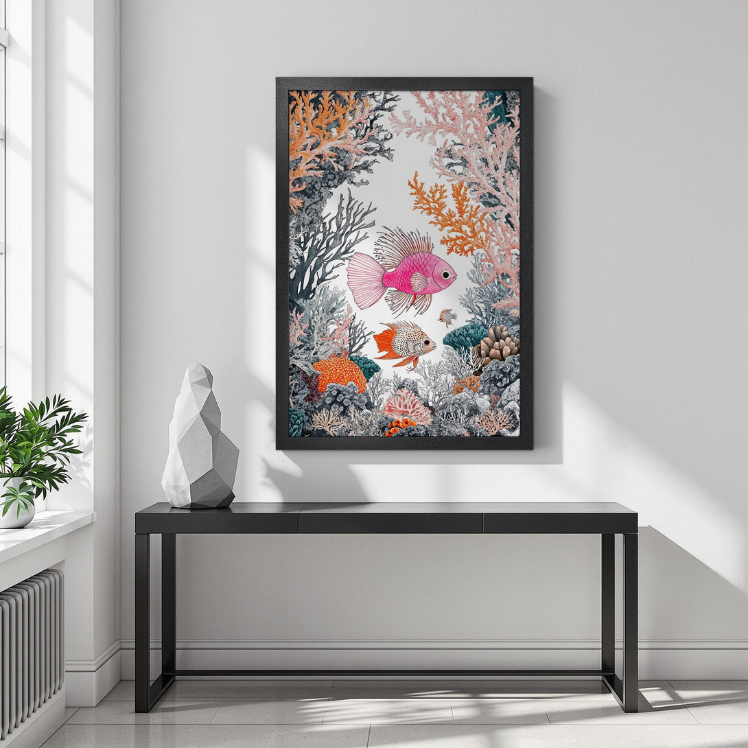 Framed Poster featuring vibrant fish and coral reef art in a watercolor style with a pink, orange, and teal color palette. Perfect wall decor!