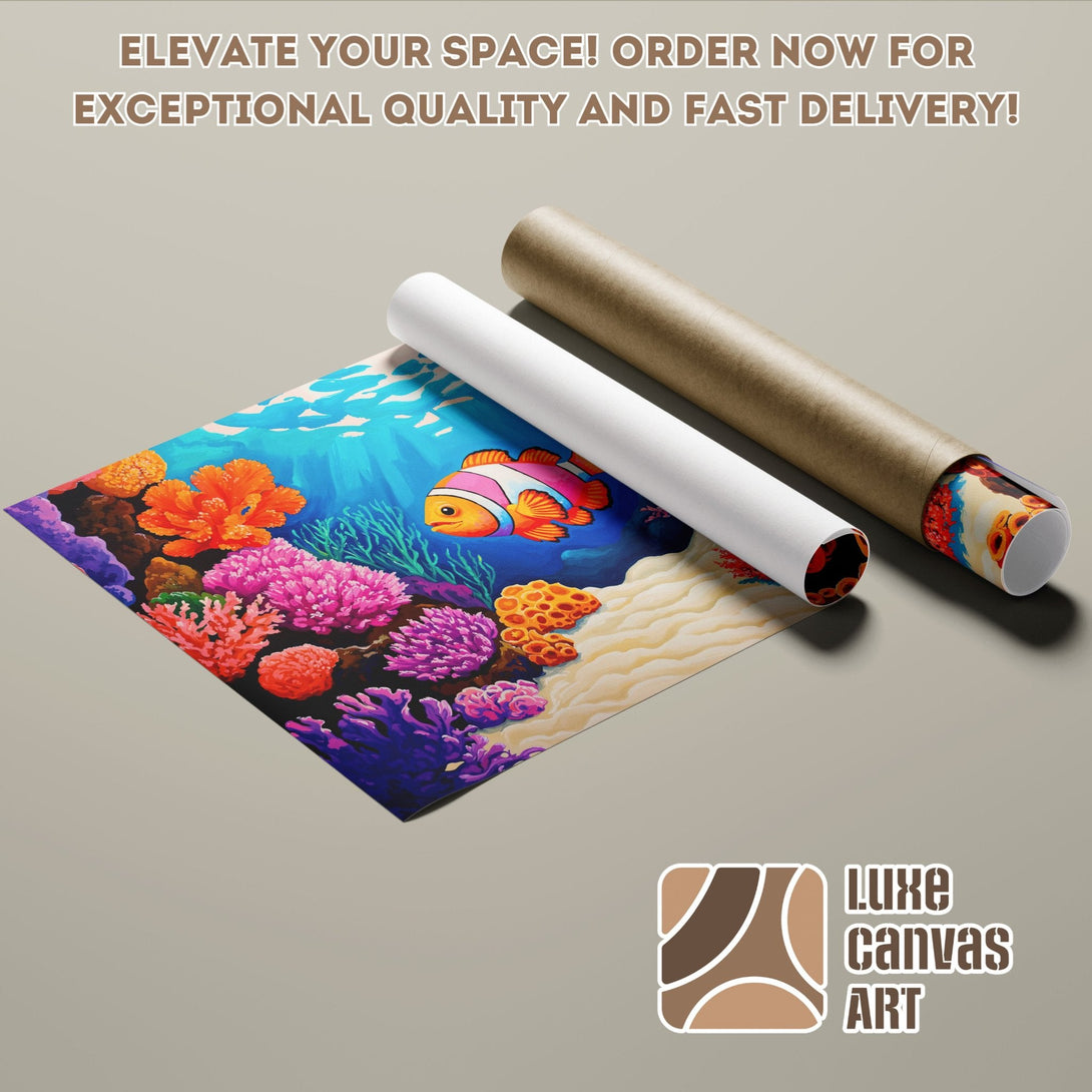 Vibrant underwater scene Poster Roll. Colorful coral reef artwork in blues, oranges, and purples. Elevate your space!