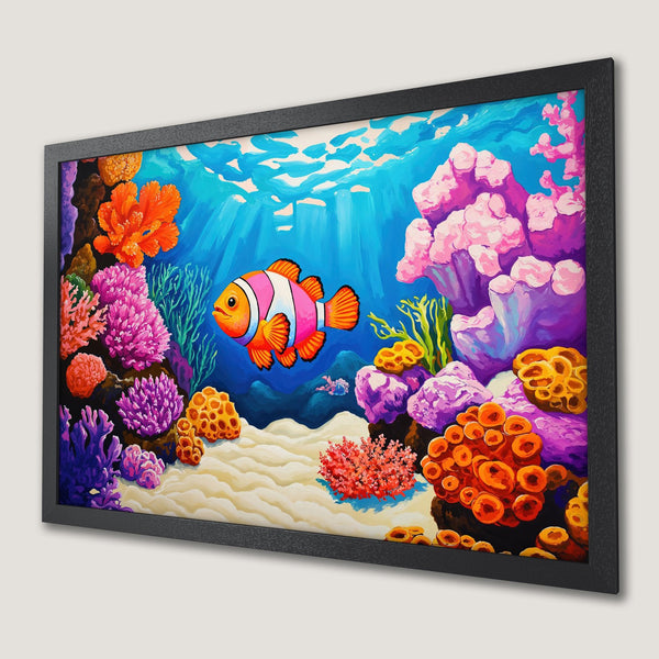 Framed Poster of a vibrant underwater scene with a clownfish. Colorful coral reef art in a bold, artistic style with a bright blue and orange palette.
