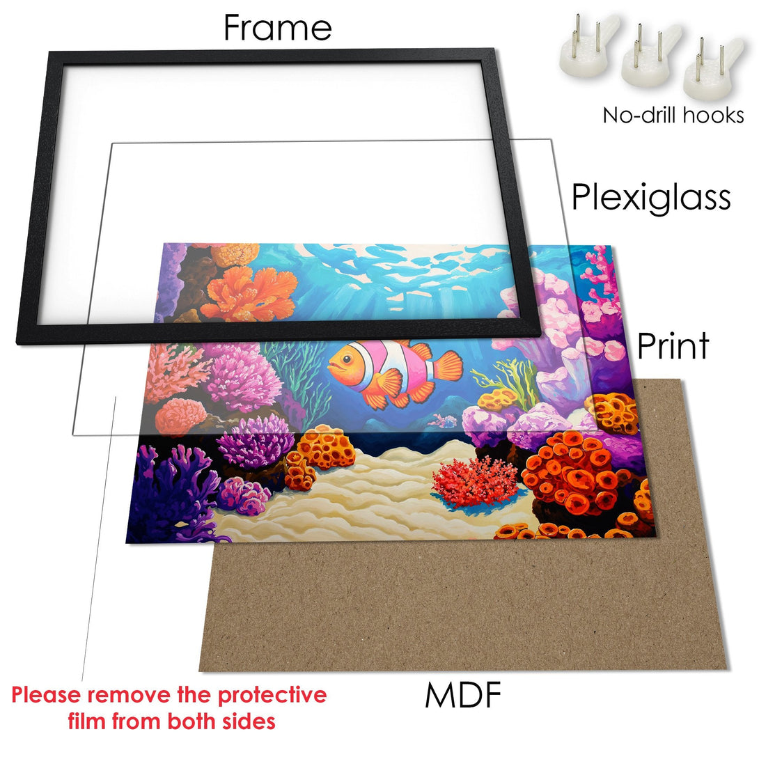 Framed Poster of colorful coral reef art. Vibrant blues, oranges, and purples. Perfect ocean-themed wall decor.