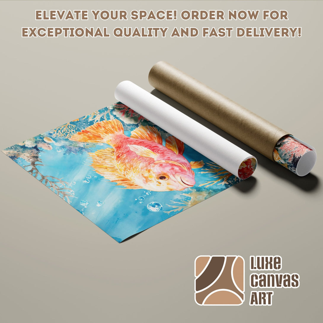 Watercolor fish Poster Roll in blue & orange tones. Elevate your space with art!