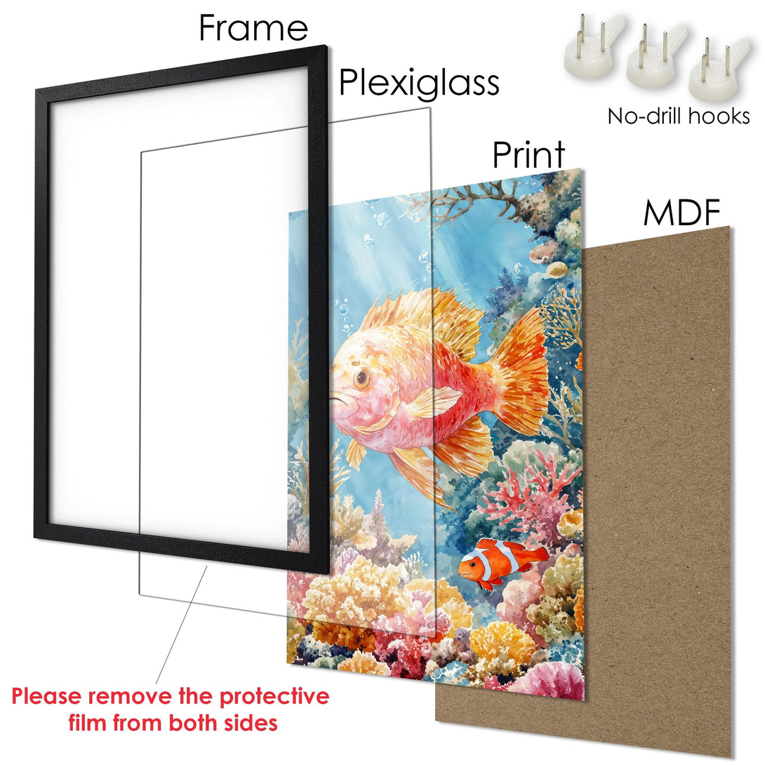 Framed Poster of watercolor fish in coral reef. Vibrant blue, orange, and pink palette. Perfect ocean-themed wall art.