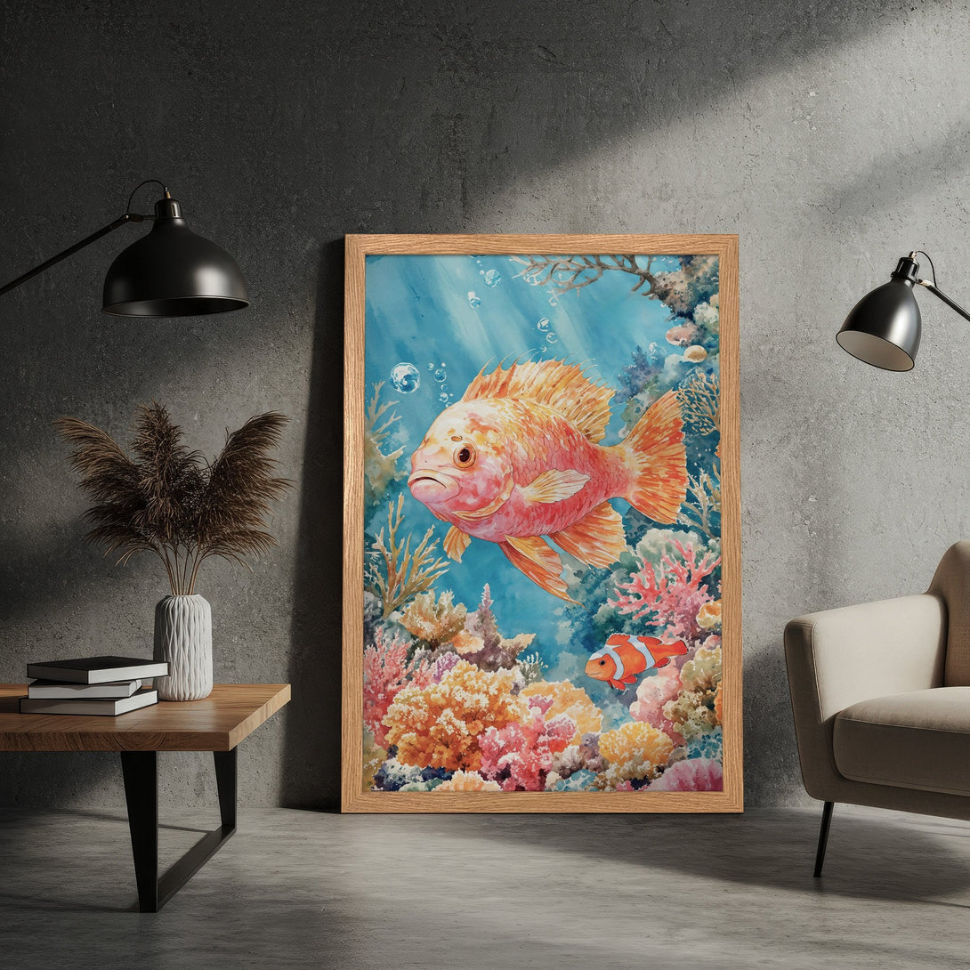 Framed Poster featuring a vibrant watercolor painting of a coral reef scene with fish. Blue, orange, and pink color palette, perfect wall art.