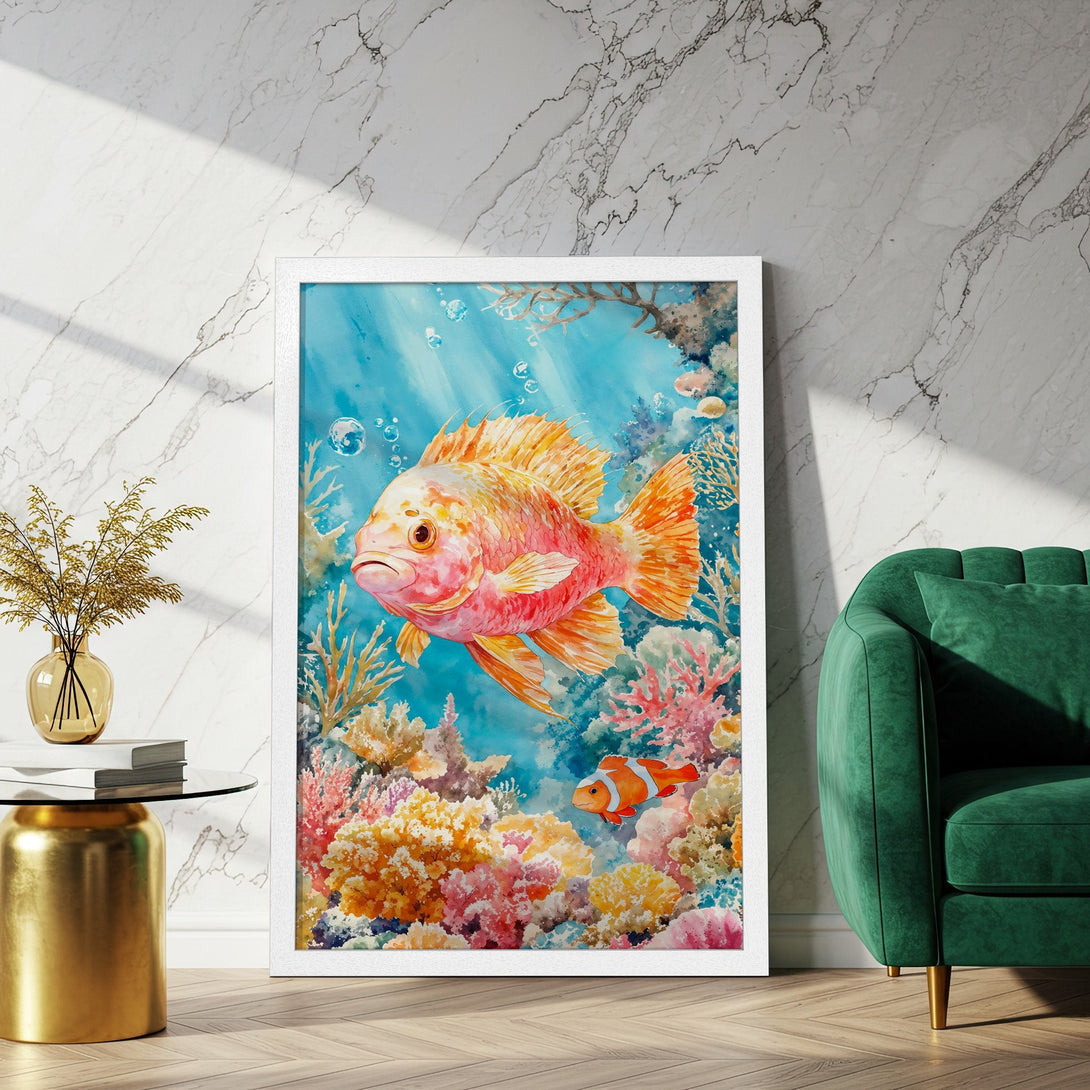 Framed Poster featuring a vibrant watercolor-style underwater scene with colorful fish and coral. Beautiful blue, orange, and pink color palette. Perfect wall art!