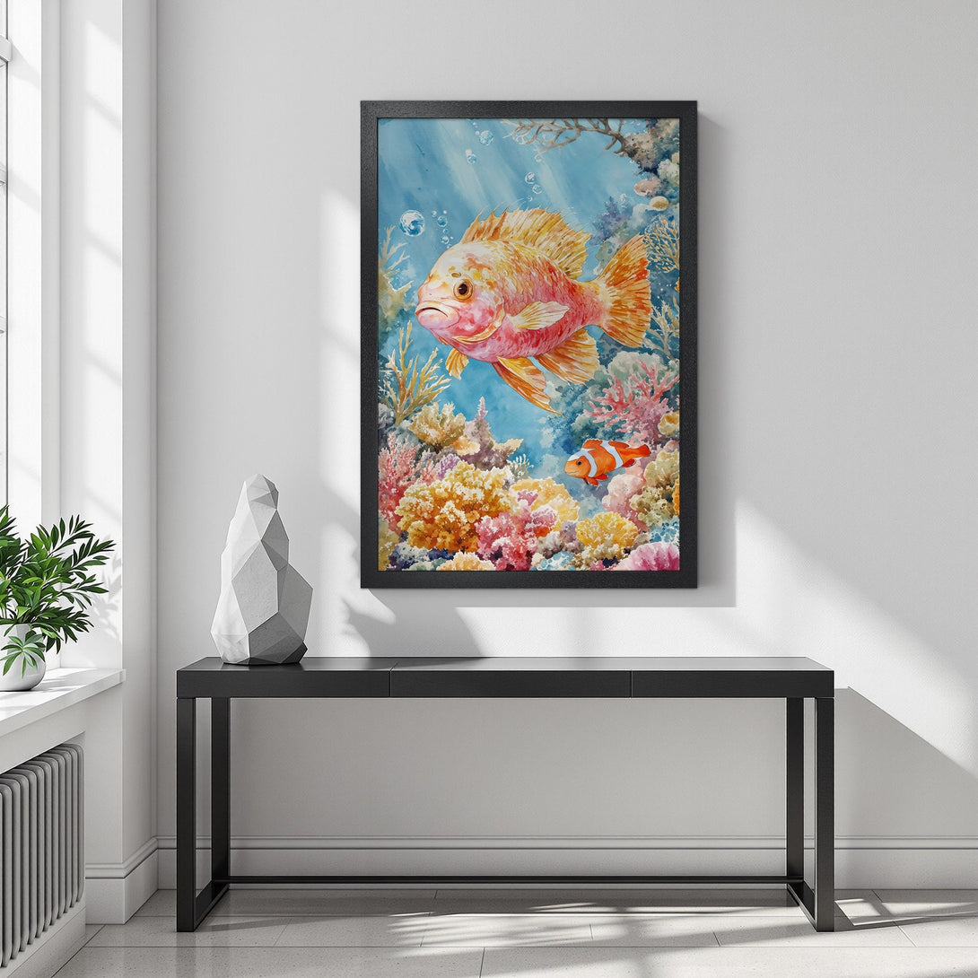 Framed Poster of colorful fish & coral reef art. Watercolor style, vibrant blues, oranges, and pinks. Perfect ocean decor!