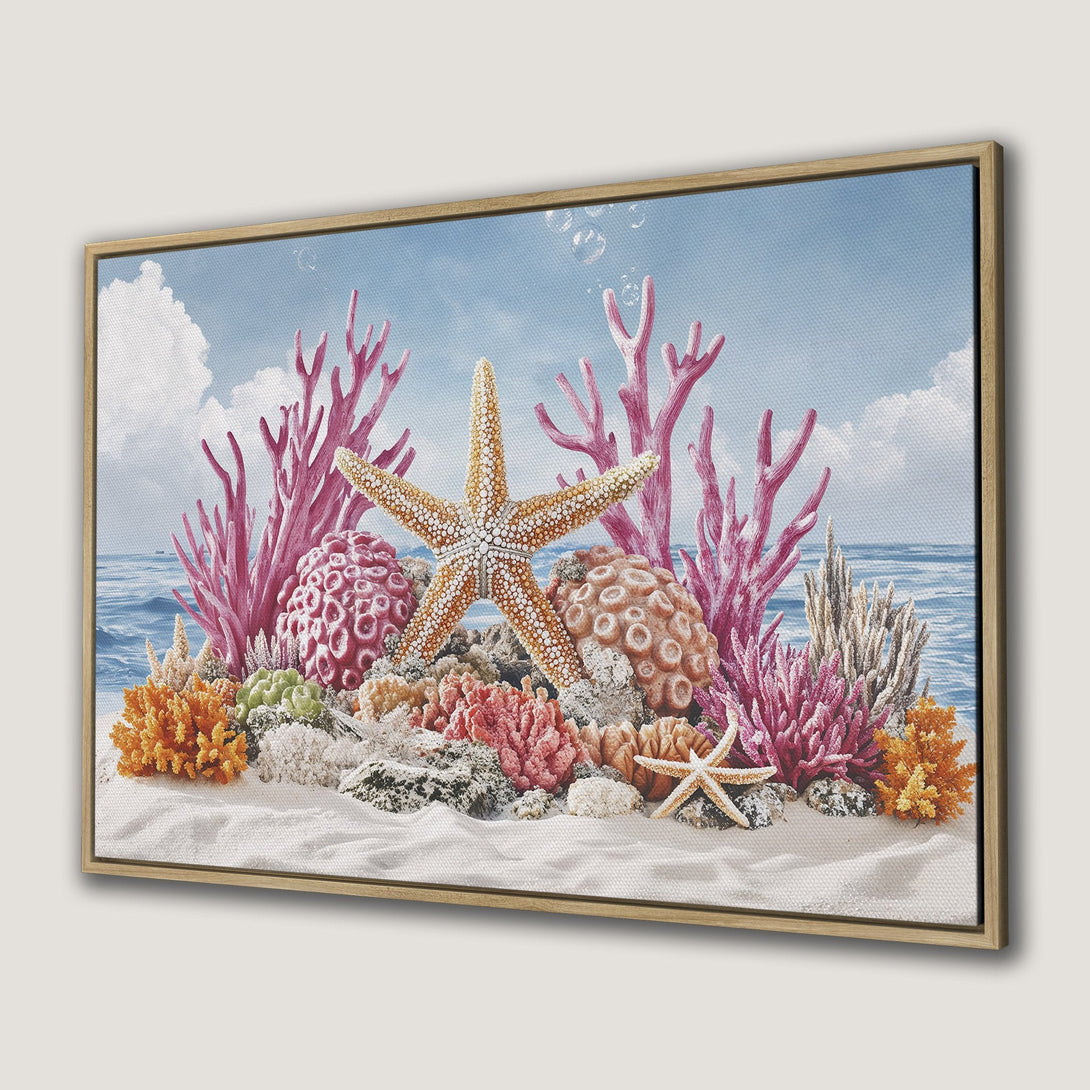 Canvas Print of a vibrant coral reef scene with starfish, in a colorful palette of pinks, oranges, and blues. Coastal wall art.