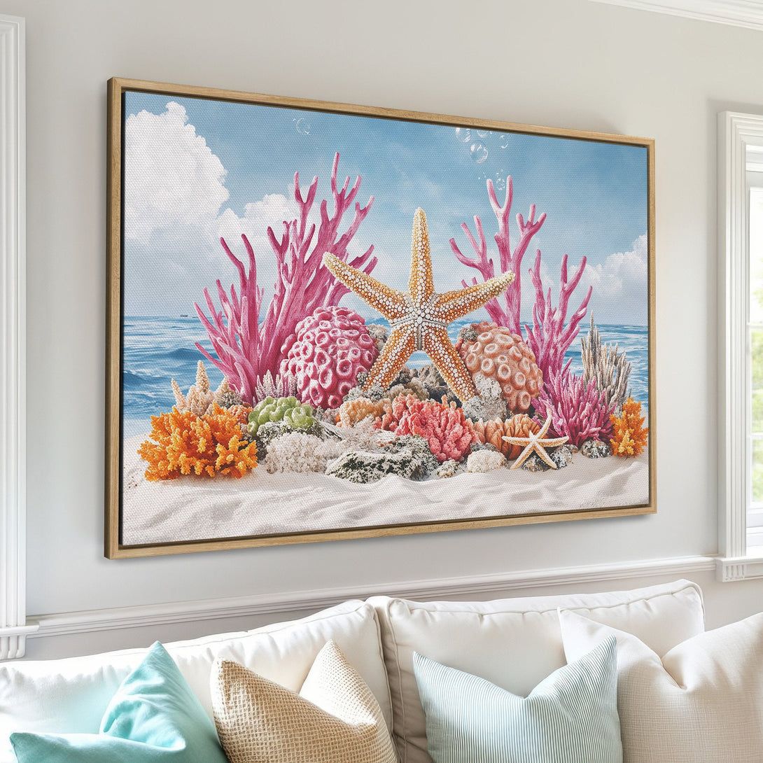 Framed Wall Art of a vibrant underwater scene with coral, starfish, and a blue sky. Coastal style art with a warm, colorful palette.