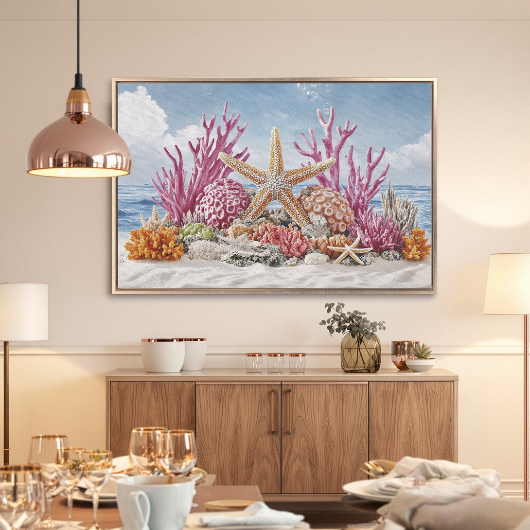 Framed Wall Art: Coastal scene Canvas Print with starfish and coral. Features a vibrant, colorful palette of pinks, oranges, and blues. Perfect for beach decor!