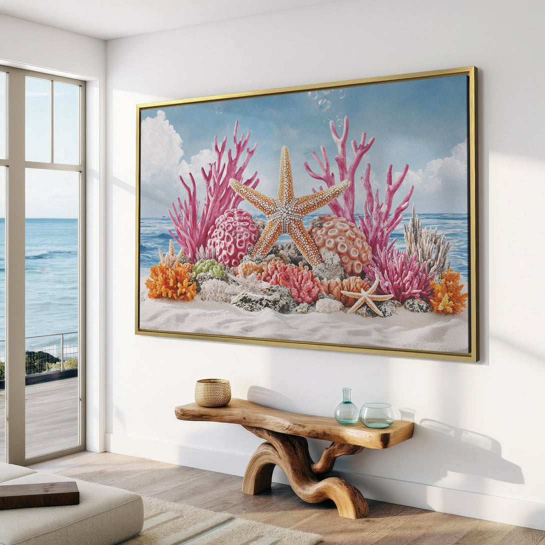 Canvas Print featuring a vibrant coral reef scene. Coastal-inspired art in pink, orange, and blue hues. Perfect for adding a touch of the ocean to your home.