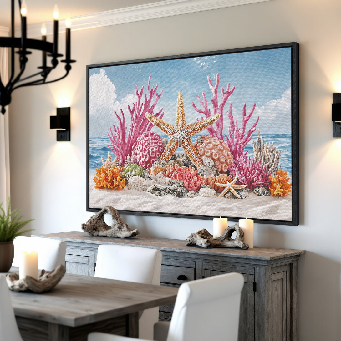 Framed Wall Art: Coastal scene canvas print with starfish, coral, and ocean hues. Bring the beach home with this vibrant, colorful artwork!