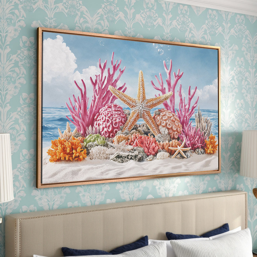 Framed Wall Art featuring a vibrant coral reef scene. Coastal decor with pink, orange, and blue hues. Perfect for adding a touch of the ocean to your home.