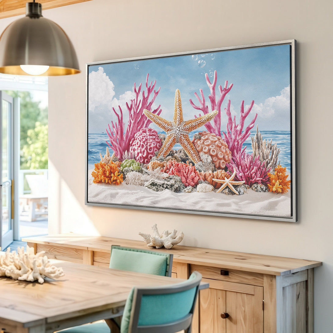 Framed Wall Art: Coastal scene Canvas Print featuring starfish, coral, and a vibrant color palette of pink, orange, and blue. Perfect for beach decor.