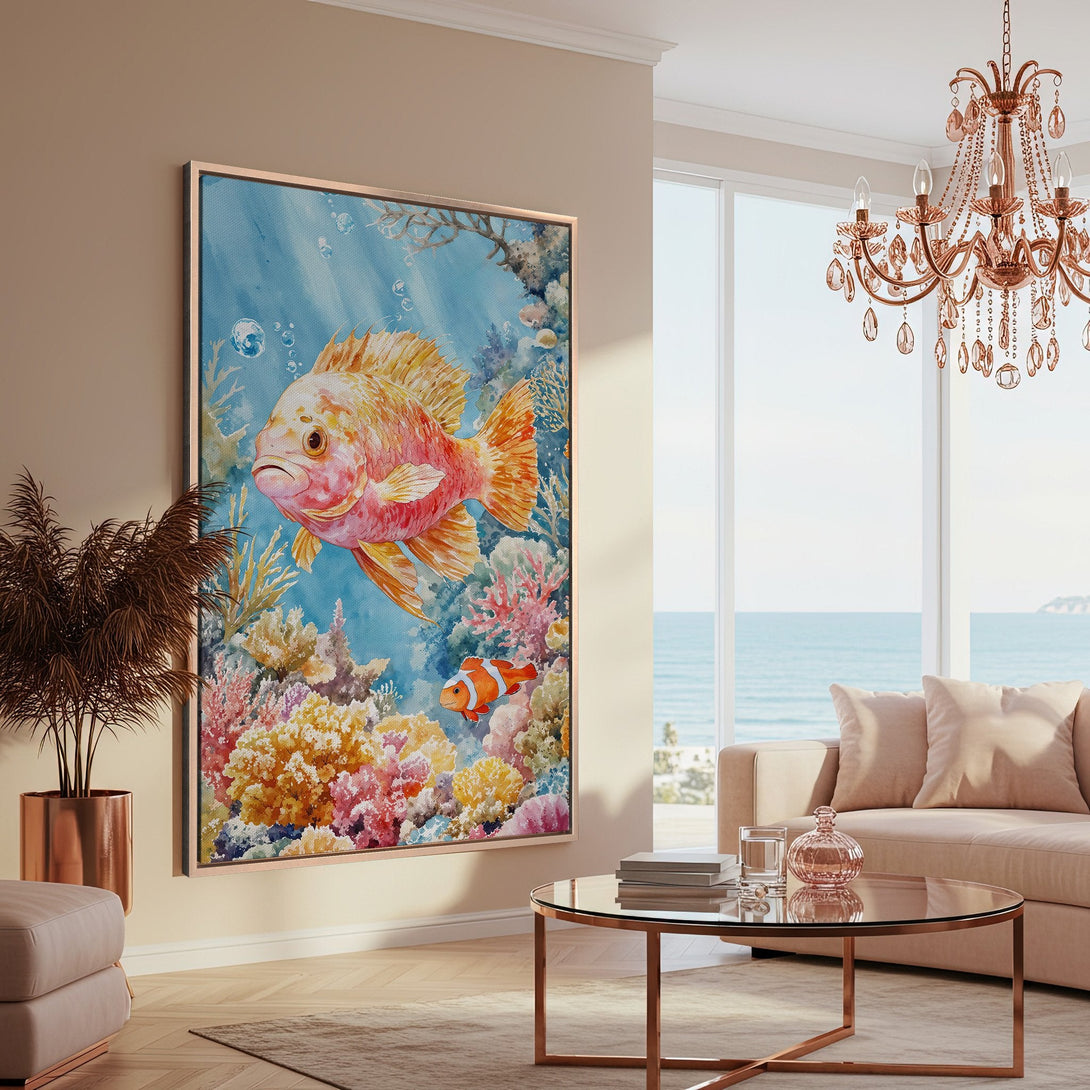 Framed Wall Art: Watercolor fish and coral reef scene in a coastal living room. Featuring a vibrant blue, pink, and yellow color palette.