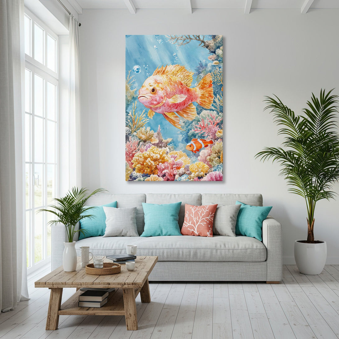 Framed Wall Art: Colorful watercolor fish painting in a coastal living room. Featuring coral reef & ocean blue hues, this Canvas Print adds a vibrant touch.