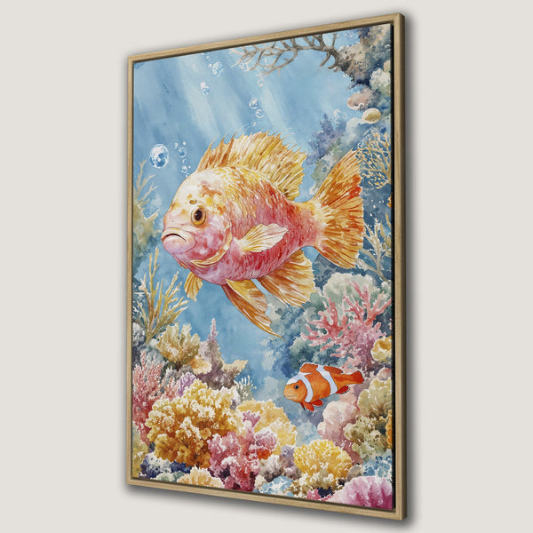 Framed Wall Art: Watercolor painting of vibrant fish in coral reef. Features a warm, colorful palette of orange, pink, yellow, and blue. Perfect ocean decor.